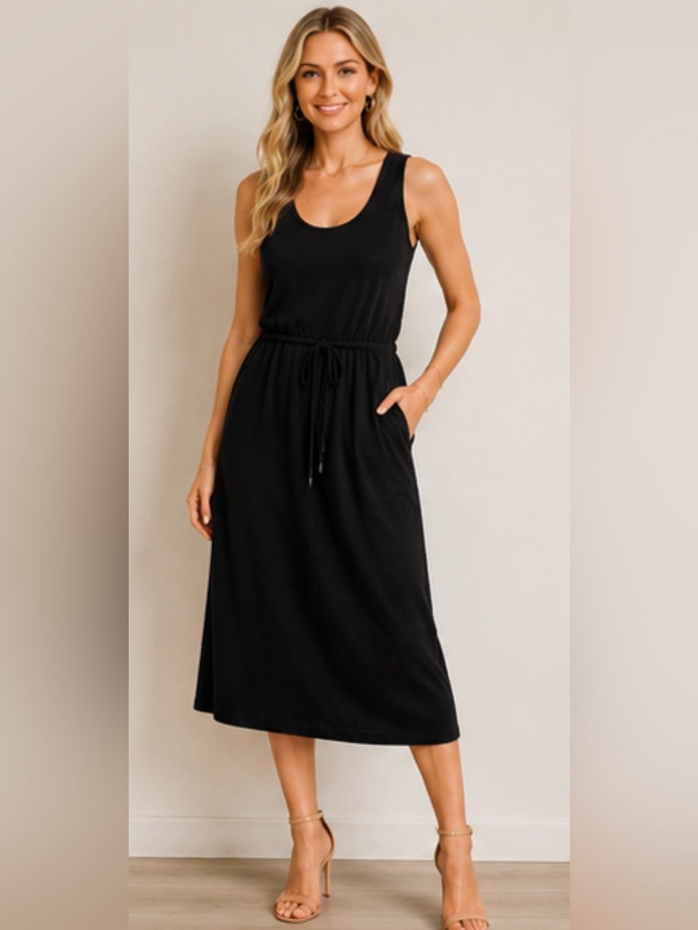 ATM Anthony Thomas Melillo Black Sleeveless Drawstring Midi Dress